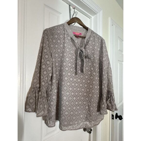 Catherine Malandrino Brown Blouse XL Geometric Print Peasant Sleeve - Picture 3 of 6